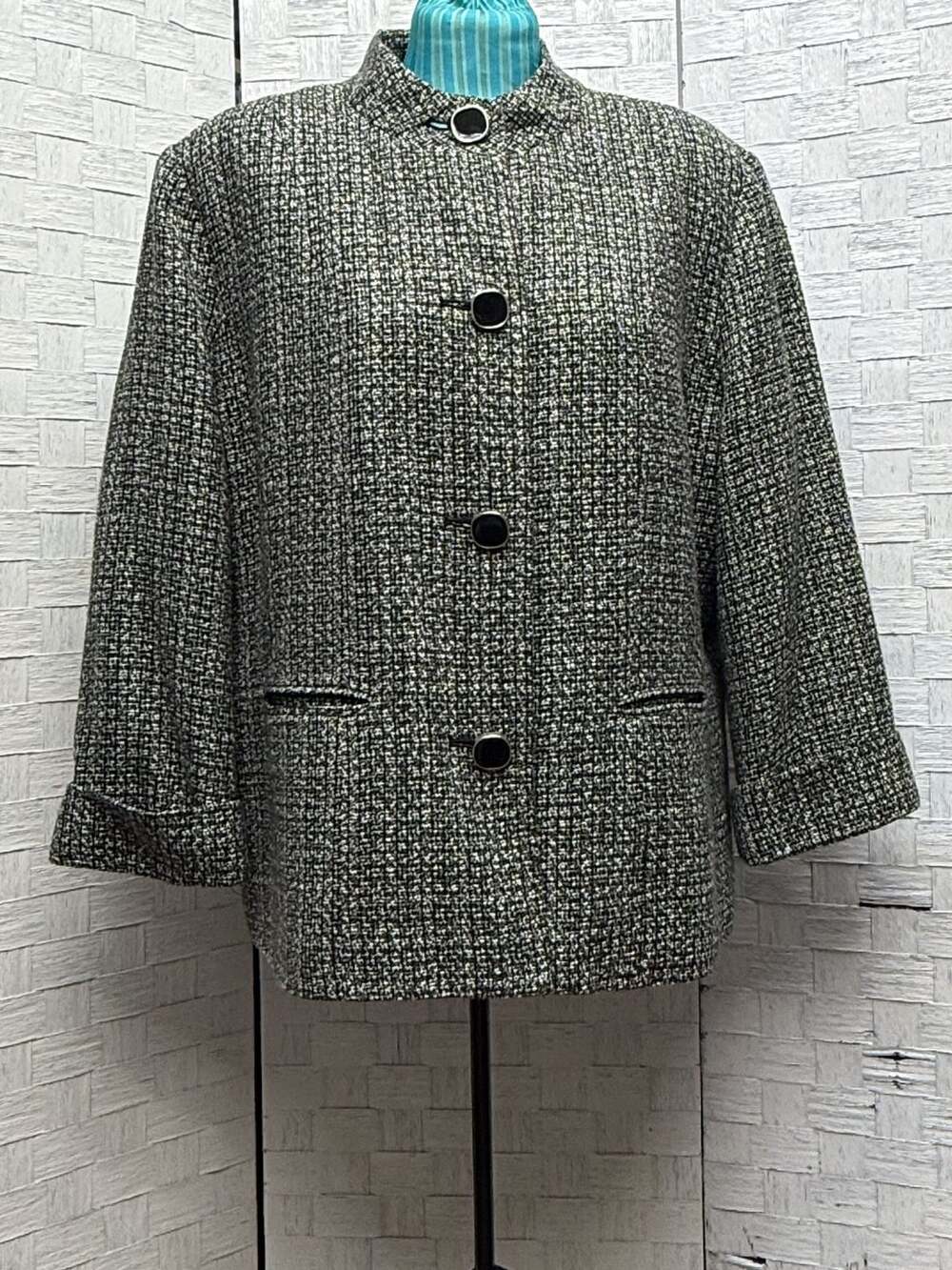 JM Collection Tweed Jacket Size 18 Green Black Stand Collar
